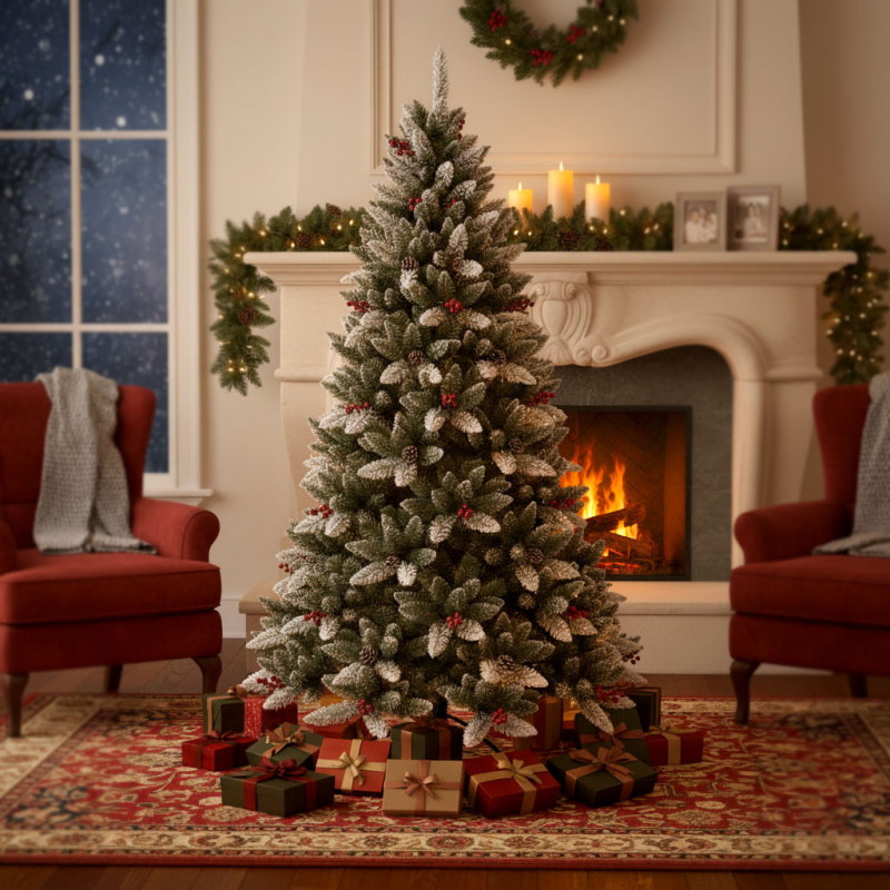 Albero di Natale Innevato con Bacche Rosse e Pigne - 150 cm, 586 Punte ...